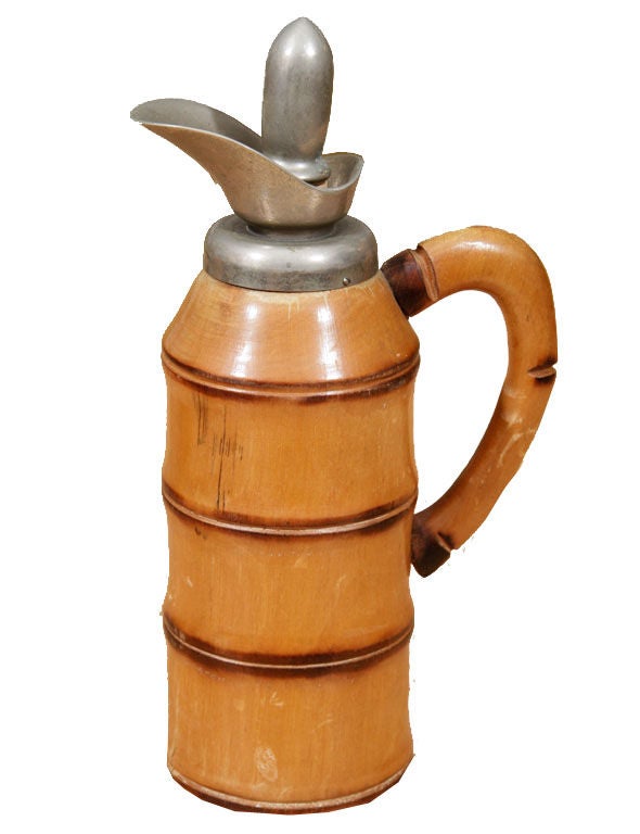 Aldo Tura for Macabo Milano, Italy bamboo motif decanter. Bamboo exterior material with metal spout and cork stopper and blown glass lined interior.