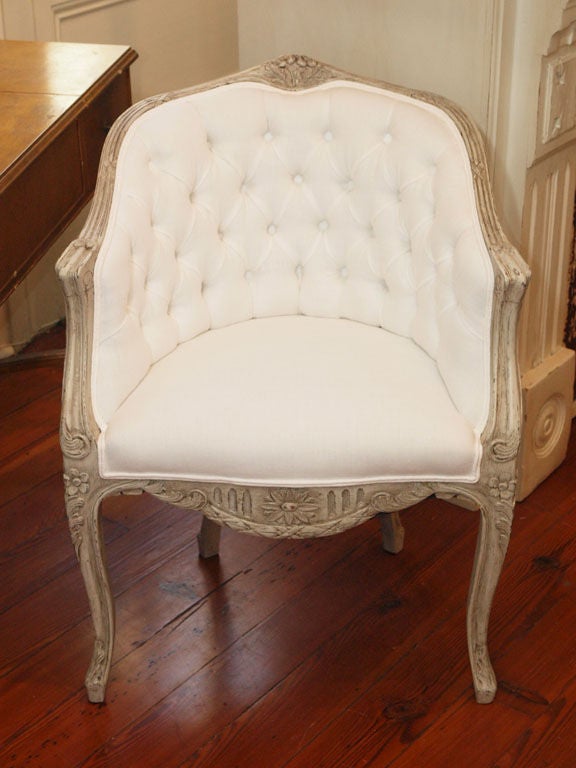 Pair 19th c. Louis XV Painted Barrel Back and Tufted Chairs 6