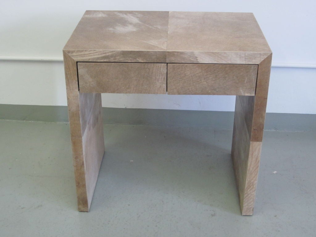 Modern Pair of French Parchment Nightstands / End Tables in Style of Jean-Michel Frank For Sale