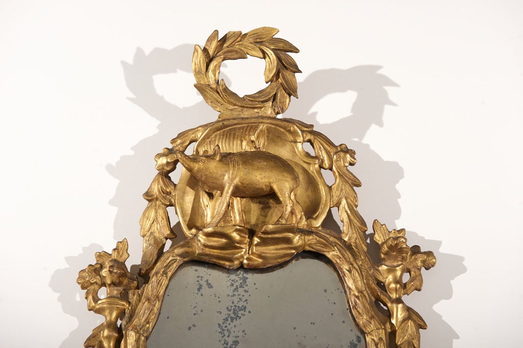 Italian Pair of 18th Century Giltwood Mirrors with Farm Animal Figurines For Sale
