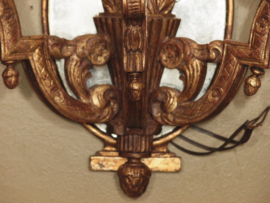 Neoclassical Pair of c 1910French Carved Wood and Gilt Mirror Shield Sconces and Quiver Motif For Sale