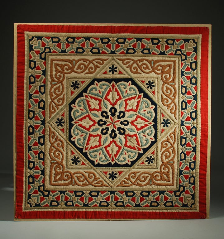 A fine early 20th century (circa 1920) Egyptian applique square from the district of Bab Zuwaylo, Cairo. Typically, these were made by the tent makers who who created applique murals to form celebratory tents for festivals. Large linen and cotton