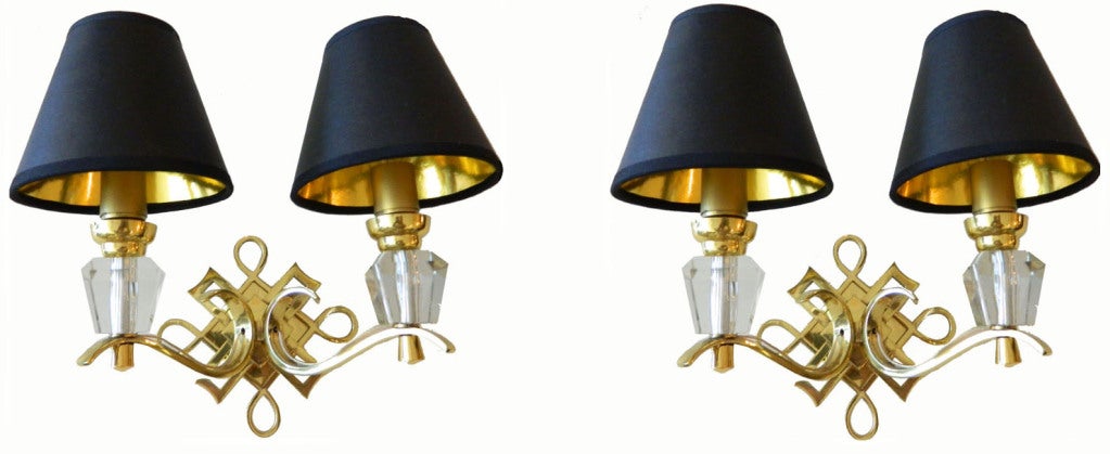 Neoclassical French Wall Sconces Polished Brass & Glass Jules Leleu Style - Pair 4 available For Sale