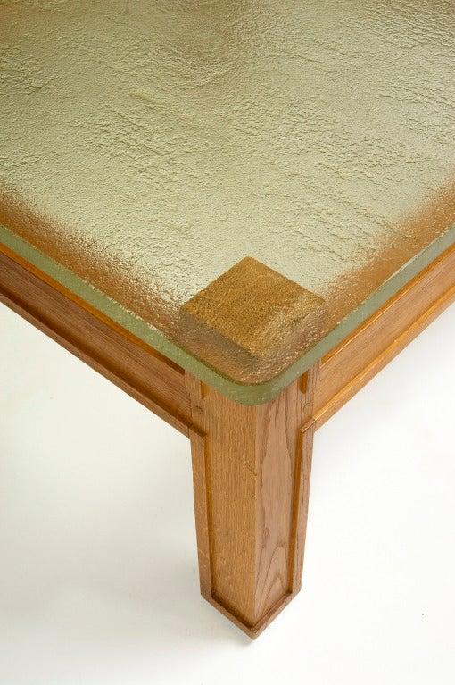 Mid-Century Modern Modernist Oak and Sand Cast Glass Table Attributed to Adnet, circa 1950 For Sale