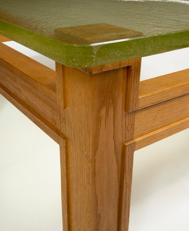 French Modernist Oak and Sand Cast Glass Table Attributed to Adnet, circa 1950 For Sale