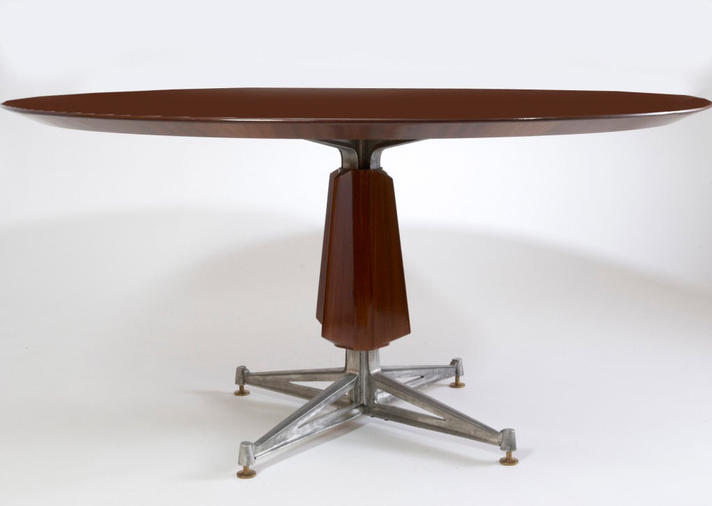 French Sculptural Pedestal Mahogany Table with Cast Aluminium Base, 1950s