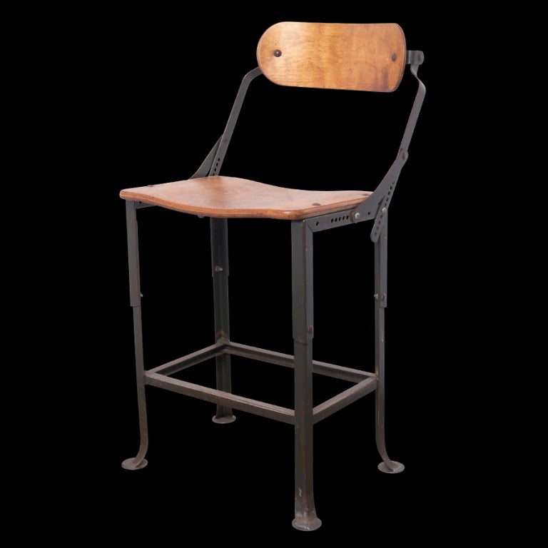 Industrial factory work stool with wood seat and back, hardware for adjustable position