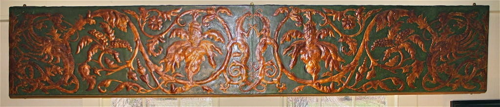 Hand tooled green leather valance panels, embossed and gilded Chinoiserie dragon and foliate designs; created for a large formal solarium. Total of 8 panels: six total 29 linear feet x 21 inches tall for use over windows, and two total 8 linear feet