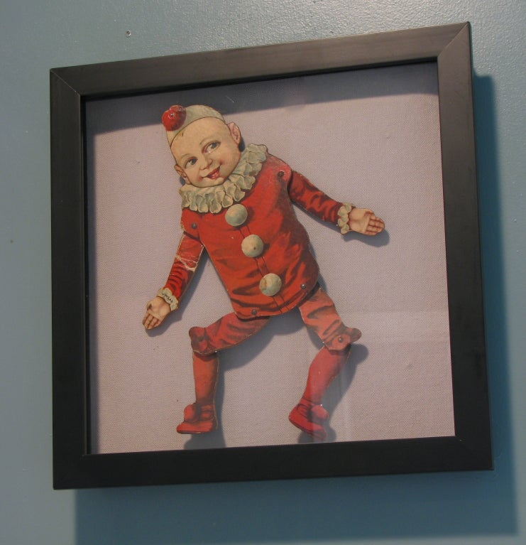 20th Century Articulated Clown Boy Puppet in Shadow Box