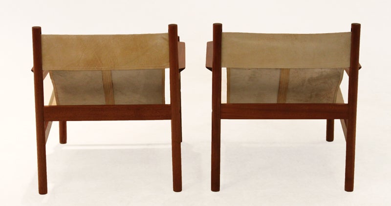 Mid-20th Century Pair of Roxinho wood leather sling chairs by Michel Arnoult