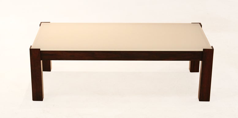 Mid-Century Brazilian Hardwood Coffee Table with Framed Reverse Painted Glass For Sale 1