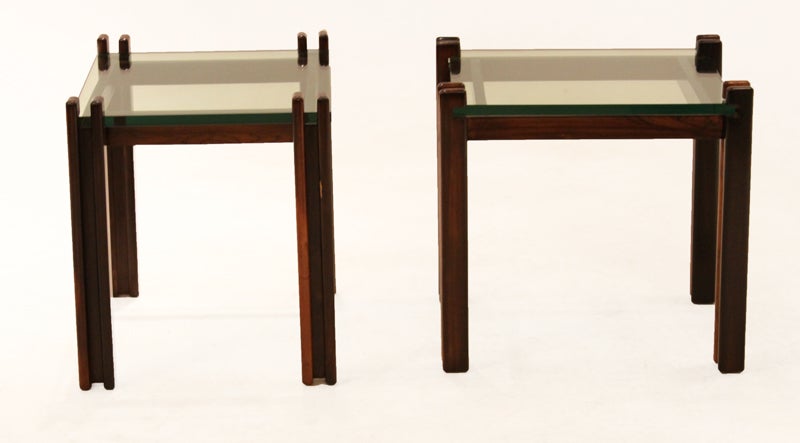 Pair of Brazilian Rosewood and Cantilevered Glass Side End Tables In Good Condition For Sale In Los Angeles, CA