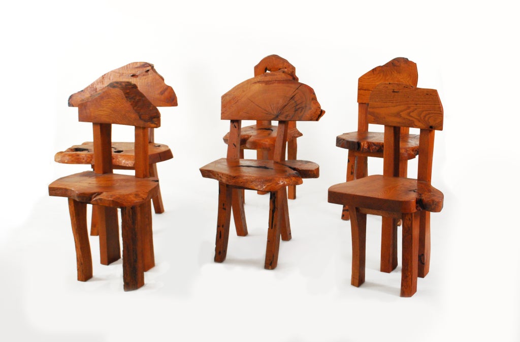Set of six dining/side chairs by Chris Cosner, New Hope, Pennsylvania. Chris Cosner's fluid and organic furniture designs are characteristic of George Nakashima's work. These beautifully crafted natural figured hardwood chairs are one of a kind,