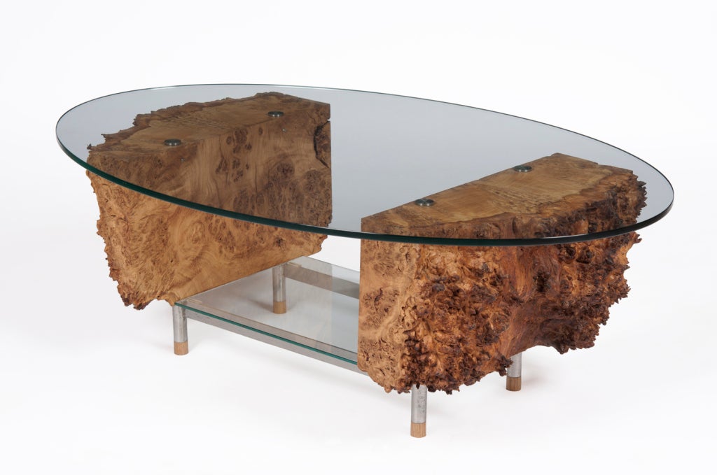 The table supports are two solid sections of stunning English burr oak. Burr oak is usually cut for veneer as it produces a greater square footage of highly sought after decorative timber. On these sections the loose bark is painstakingly removed by