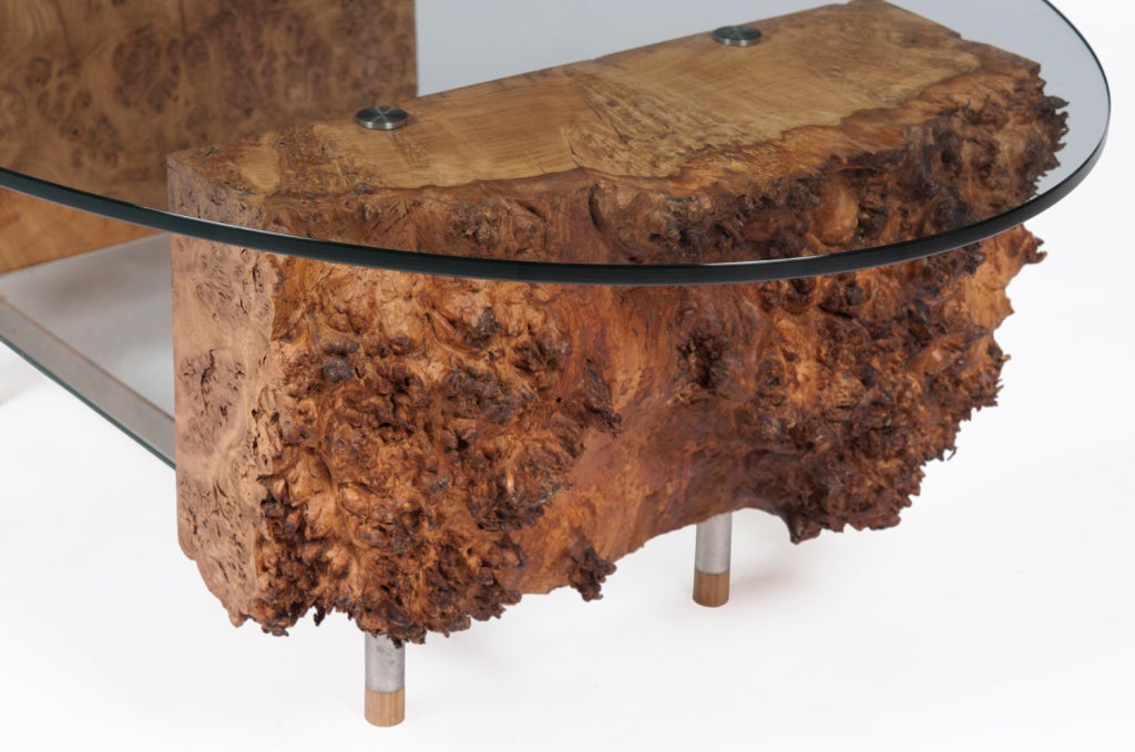 British Burr Oak and Stainless Steel Table For Sale