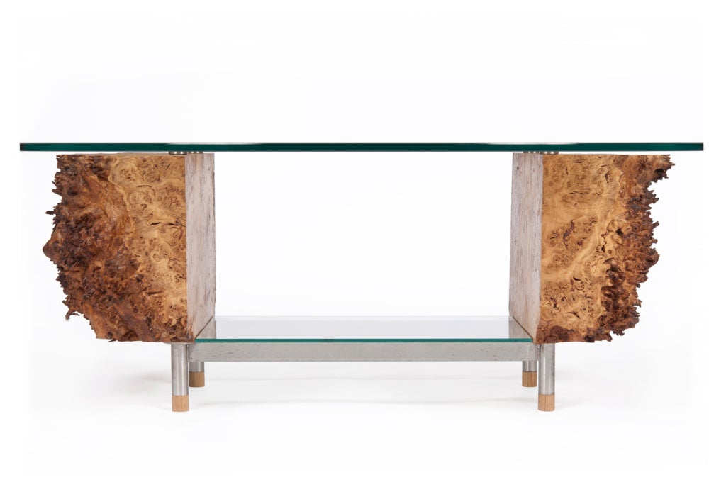 Contemporary Burr Oak and Stainless Steel Table For Sale