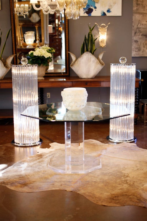 Pair of pristine crystal Murano glass and chrome floor lamps by Venini, originally made for Fendi. Base is 20" in diameter.