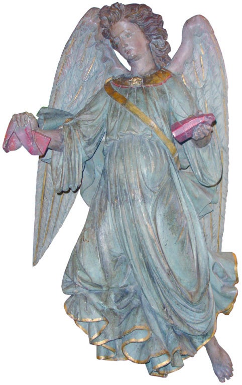 Polychromed Monumental Pair of 18th Century Polychrome and Parcel-Gilt Angels For Sale