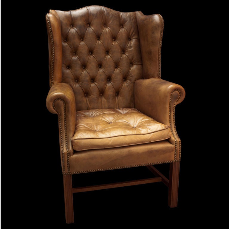 English Tufted Leather Wingback Library Chair