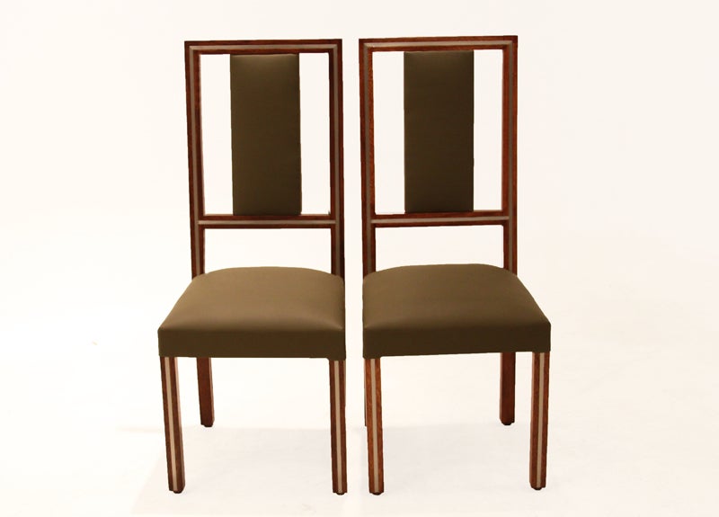 Set of Eight Brazilian Imbuia and Chrome Inlay Dining Chairs In Good Condition For Sale In Los Angeles, CA