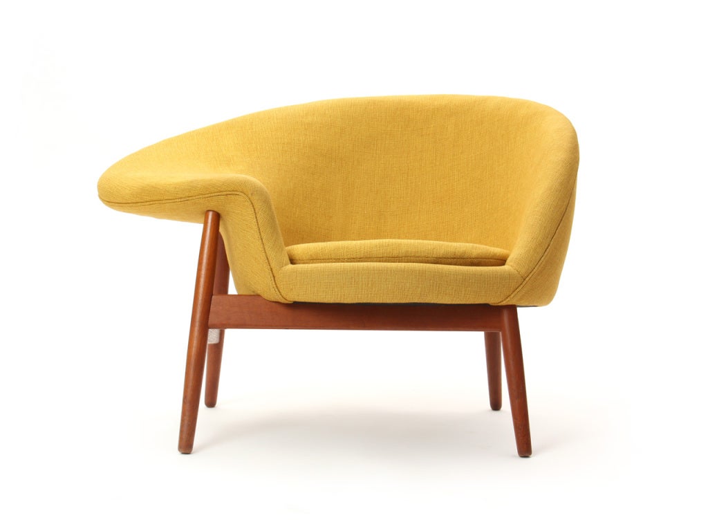 Asymmetrical 'Fried Egg' Chair, circa 1956 in original upholstery with solid teak frame. Manufactured by Brande Mobelfabrik.