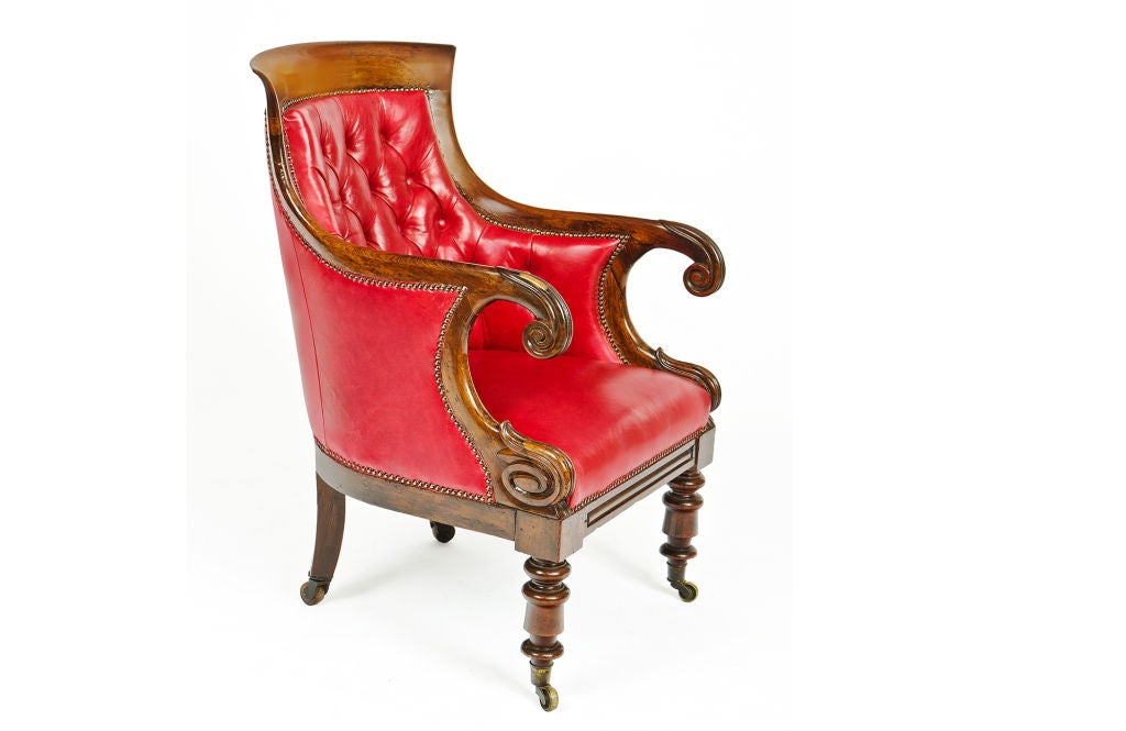 William IV rosewood library chair in red leather upholstery