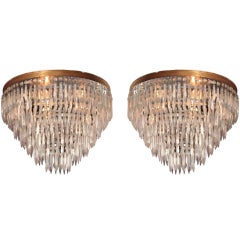 Pair of Flush Mount frosted crystal cascading prism lights