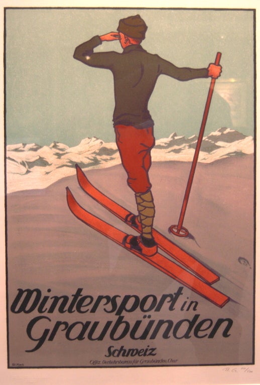 Fine Swiss Hand Lithograph Ski Poster (Now Framed)
