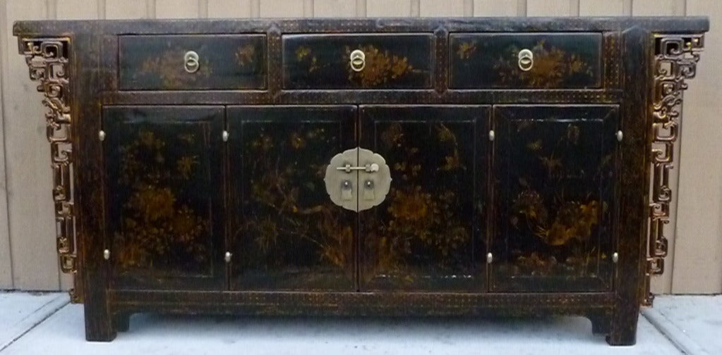 Chinese Black Lacquer Sideboard With Gold Gilt Motif
