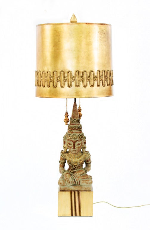 Rare table lamp with hand-carved Buddha and original shade with gilded plaster decoration by James Mont, American, 1950s.