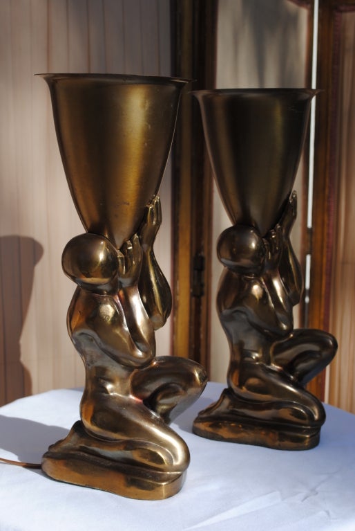 American Pair of   Art Deco Brutalist Torchiere Lamps