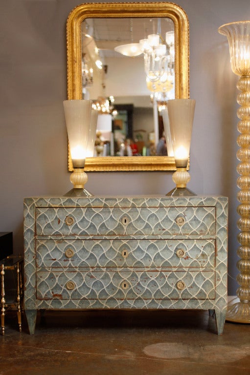 Fabulous Spanish antique fir chest with bronze hardware, three dovetailed drawers, tapered legs. Original Hand painted motif on all sides. Great patina and proportions. A wonderful and unique highly decorative piece.