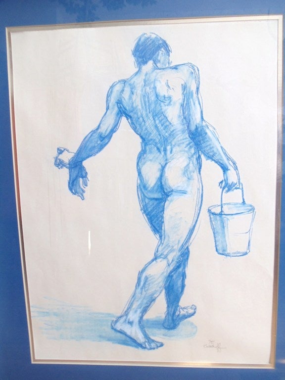 Mid-Century Modern Male Nude Ink on Paper Print