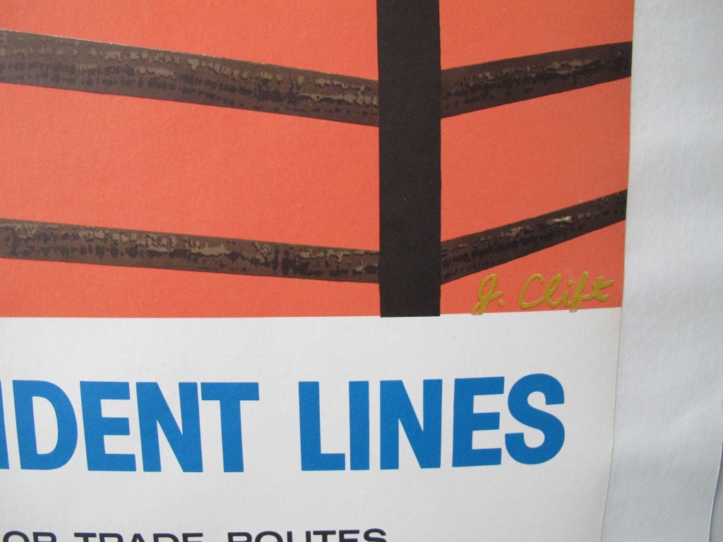 American President Lines Ltd. is a container transportation and shipping company that services over 140 countries and whose history spans 160 years. This poster is linenbacked and in excellent condition. The colors are rich and the design stunning!