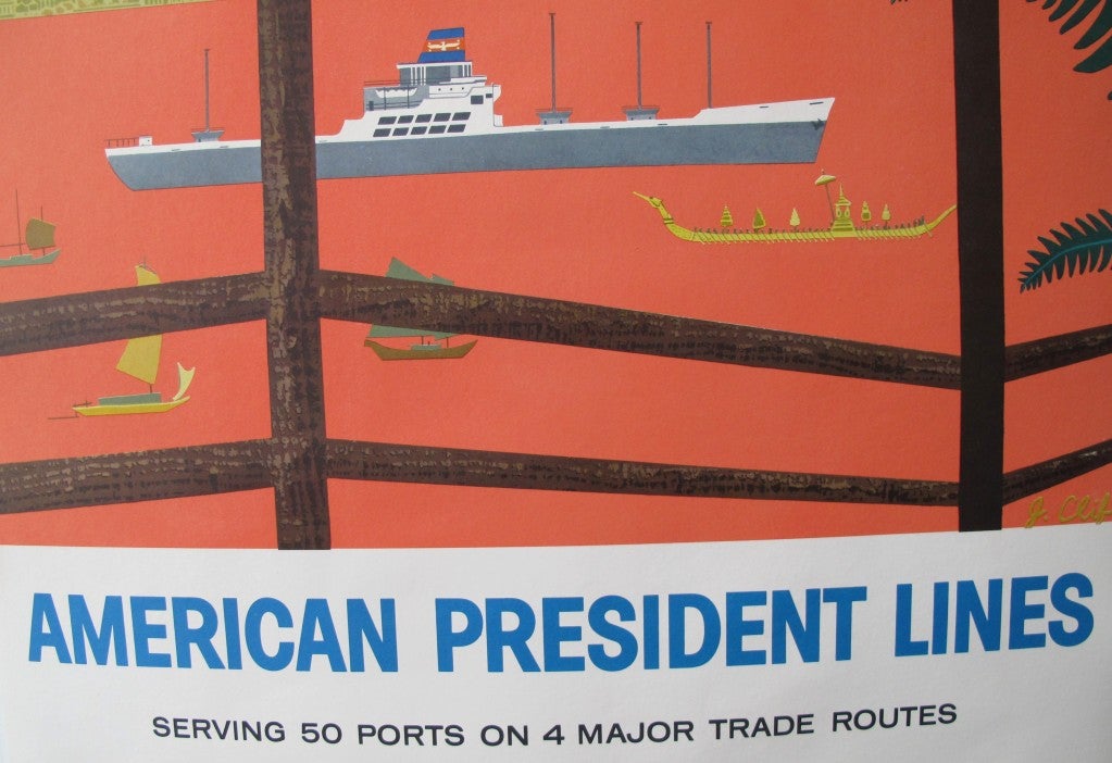 Mid-20th Century Original 1950s America President Lines Bangkok poster For Sale