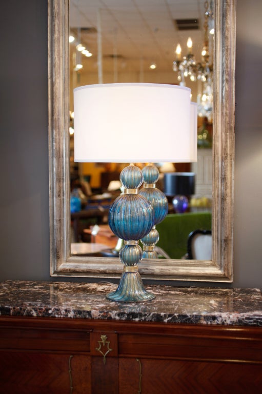 Wonderful pair of Murano cerulean blue glass lamps with 