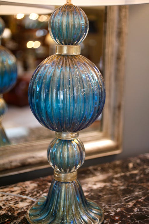 Italian Extraordinary Pair of Cerulean Blue Murano Lamps
