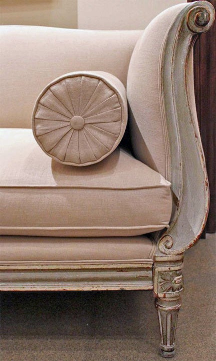 A Charming French 18th c. Louis XV transitional to Louis XVI Neoclassical Polychrome and Later Upholstered Settee, with a pair of conforming lumbar pillows, the frame in its original painted condition in blush tones of cream/grey/blues/greens.