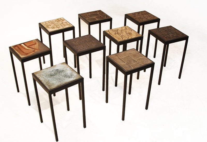 Ceramic Set of two unique glazed ceramic tile tables by Marcel Hoessly