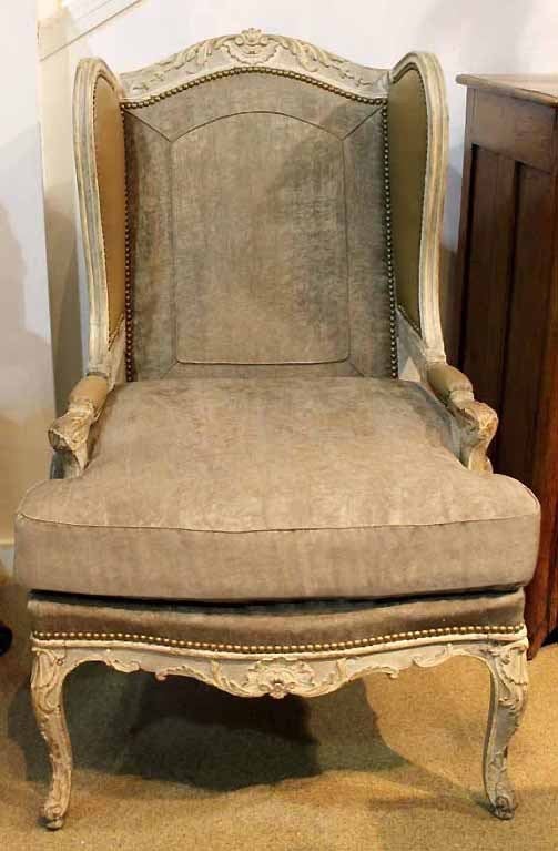 18th Century and Earlier Mid-18th Century French Louis XV Painted Fauteil Wing Chair For Sale