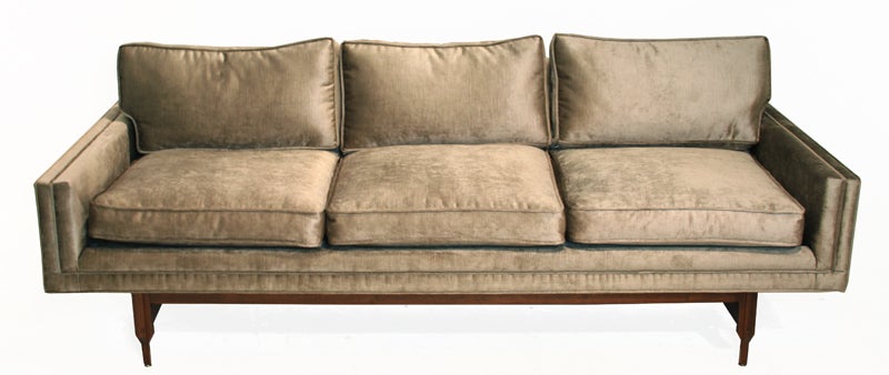 California design walnut based sofa with silk-bronze fabric