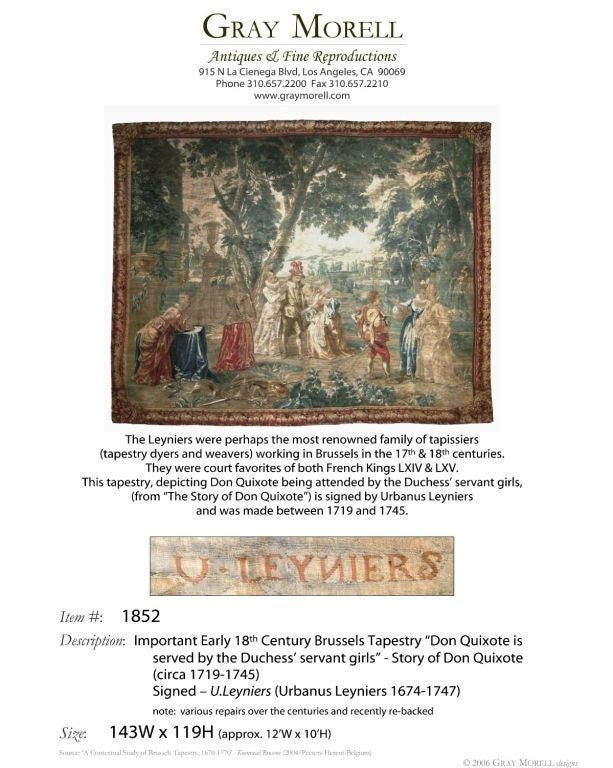 Important  Early 18th Century U.Leyniers Tapestry  "Don Quixote"