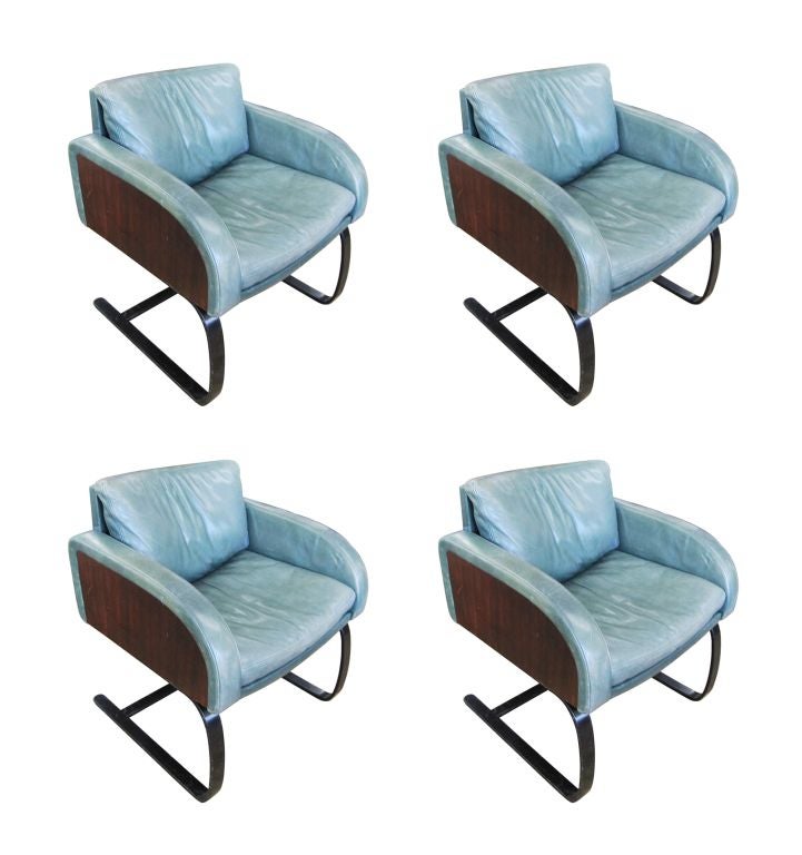 A Set of 4 1970s Green Leather Chairs by Nienkamper Furniture