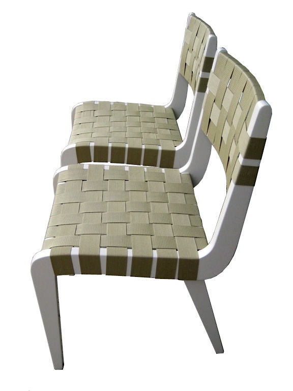 This rare pair of Sorenson chairs have been lacquered in an off-white color and have new webbing. Perfectly comfortable and stylish!

For more furniture and art visit: www.corinnerobbinsartanddesign.blogspot.com

We buy and sell. Consignments