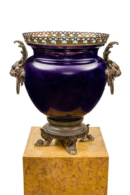 19th Century Cobalt Blue Jardinierre of Baluster Form with Brass Mounts Attributed to Minton