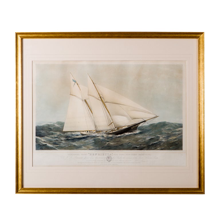 American Near Pair of 19th Century Painted Lithographs of Yachts For Sale