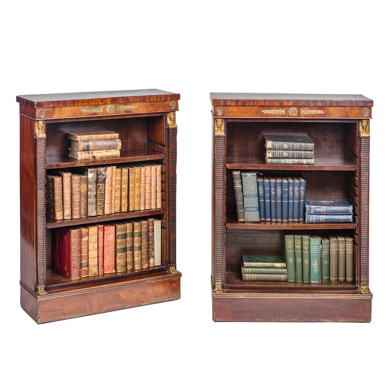 Pair of Late 19th C. Mahogany Egyptian Revival Bookcases with Gilt Brass Mounts of Pharaohs' Heads, Feet, Anthemion, Rosettes, and Acanthus