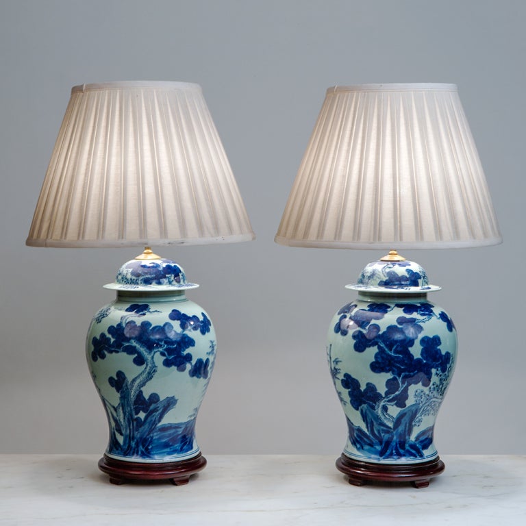 Pair of Blue and White Temple Jar Lamps
(Shades not included)