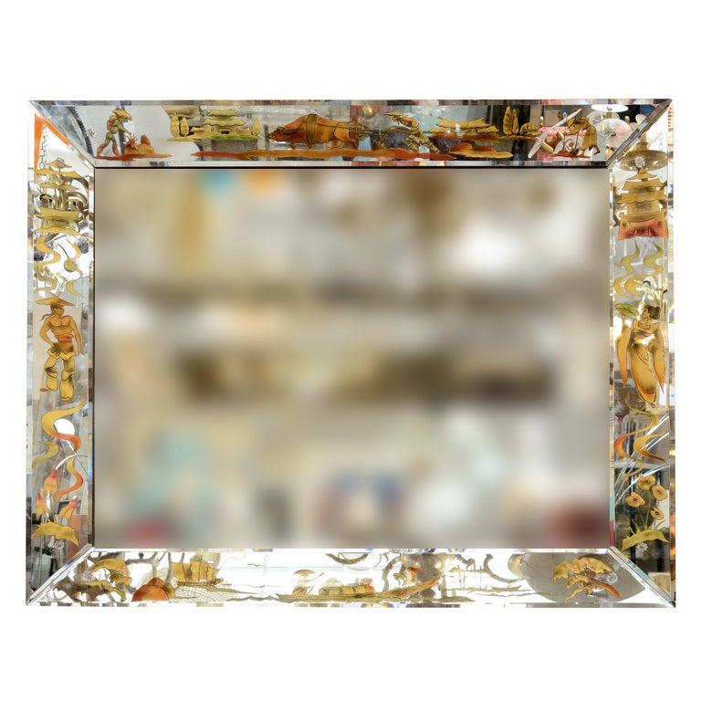 Monumental Mid-Century Wall Mirror with Asian Motif Border 4