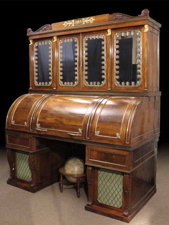 British Important Regency Rosewood Cylinder Desk with Brass Details, English, circa 1815